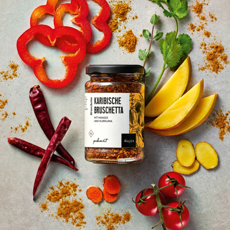 Karibische Bruschetta dargestellt mit Aromen