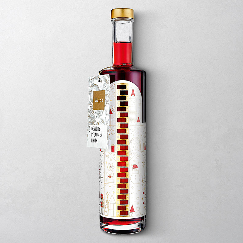 Wajos Adventskalender Flasche gefüllt mit Gewürzpflaumen Likör