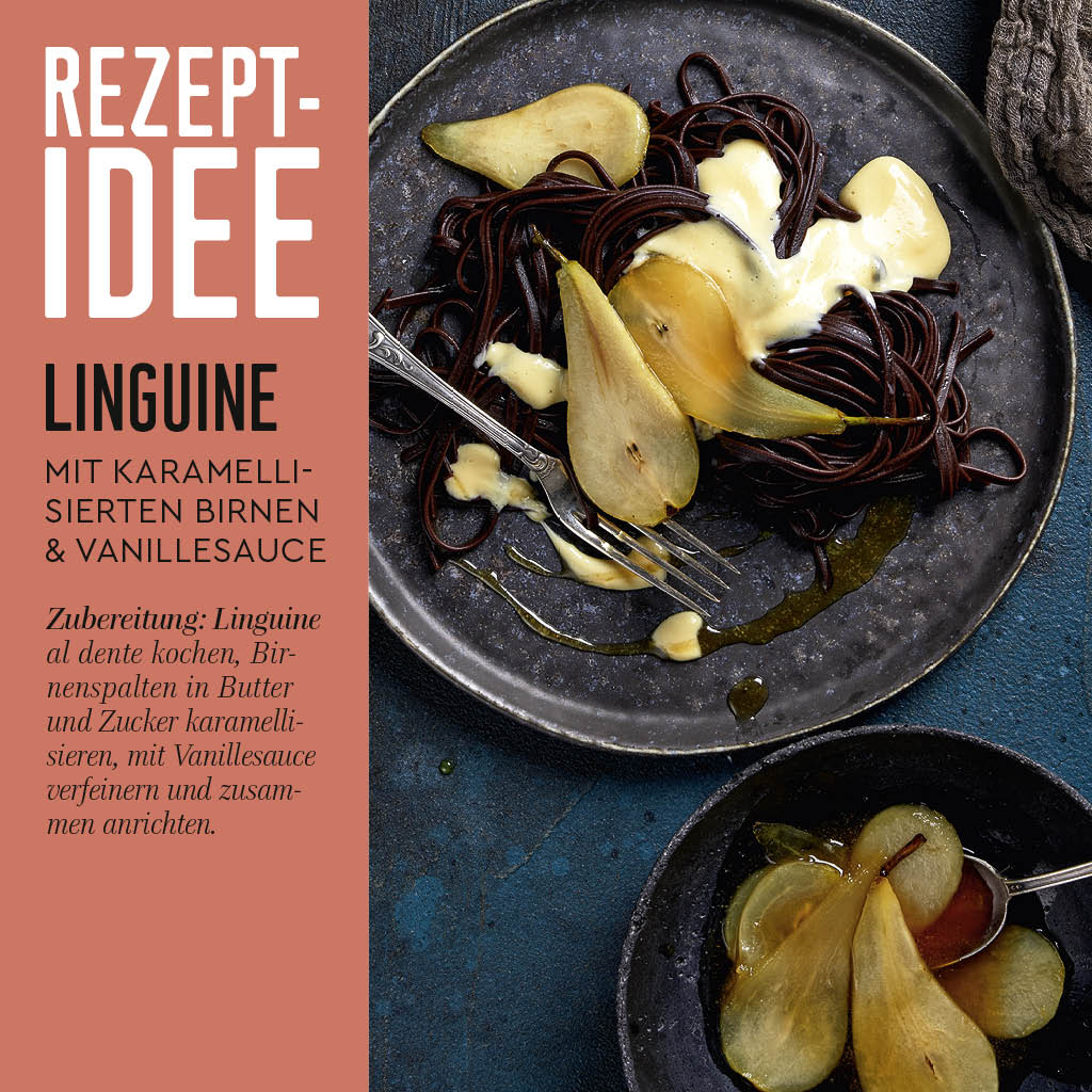 Linguine Rezeptidee karamellisierte Birnen & Vanillesauce