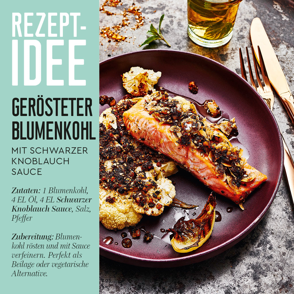 Schwarzer Knoblauch Sauce Rezeptidee gerösteter Blumenkohl