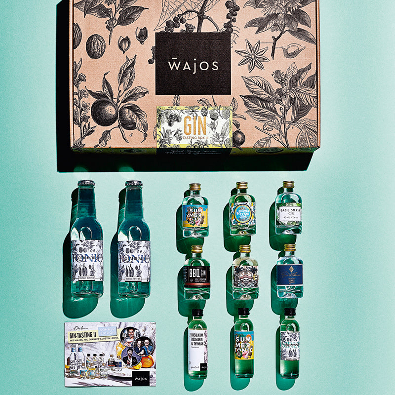 Produkte Gin Tasting Set 2 liegend dargestellt mit Kartonage