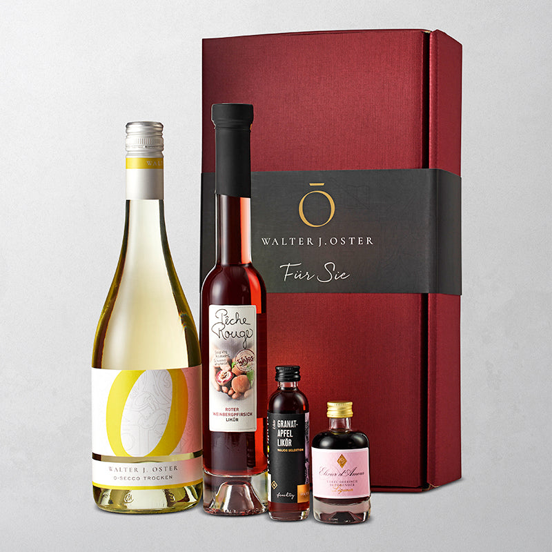Set Damen - Secco in 750 ml Flasche, Pêche Rouge Likör in 100 ml Flasche, Granatapfel Likör in 40 ml Flasche, Elixier d'Amour Likör in 40 ml Flasche