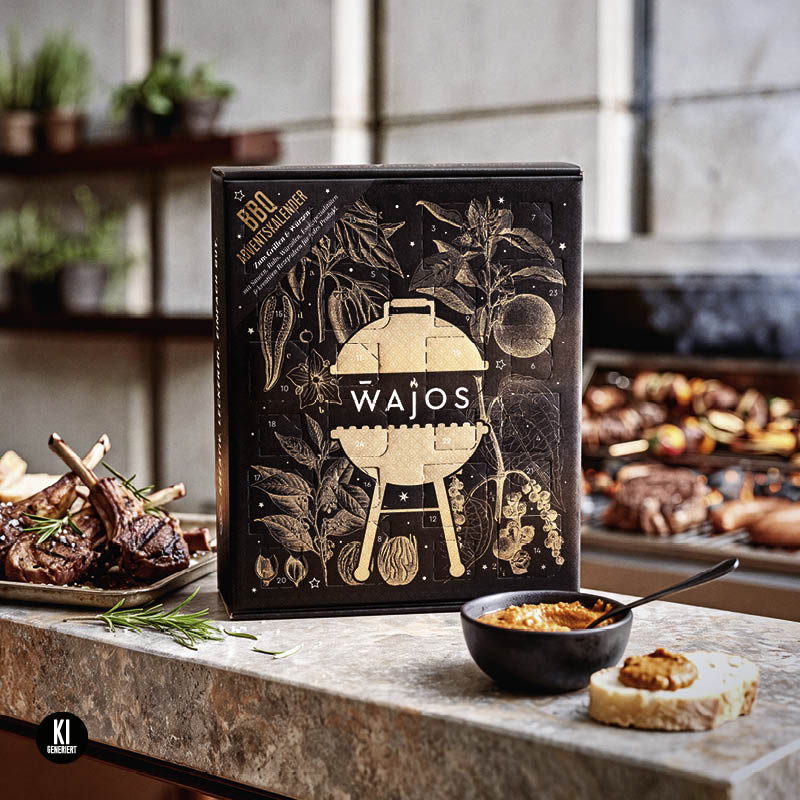 Wajos Adventskalender BBQ 2026 dargestellt in einer BBQ Szene mit Grill