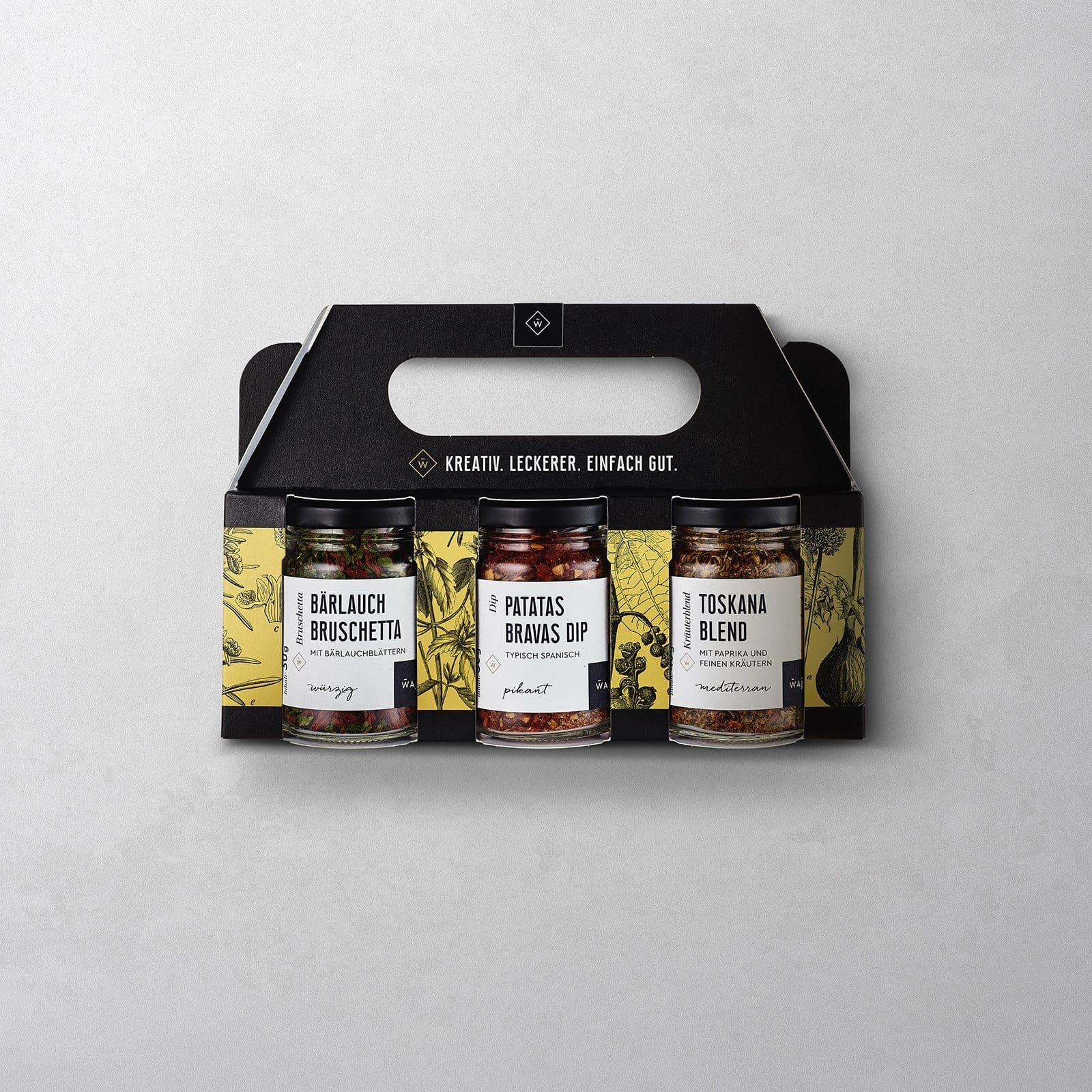 Kräuter-Set - mit Bärlauch Bruschetta in 30 g Glas, Patatas Bravas Dip in 50 g Glas und Toskana Blend in 40 g Glas