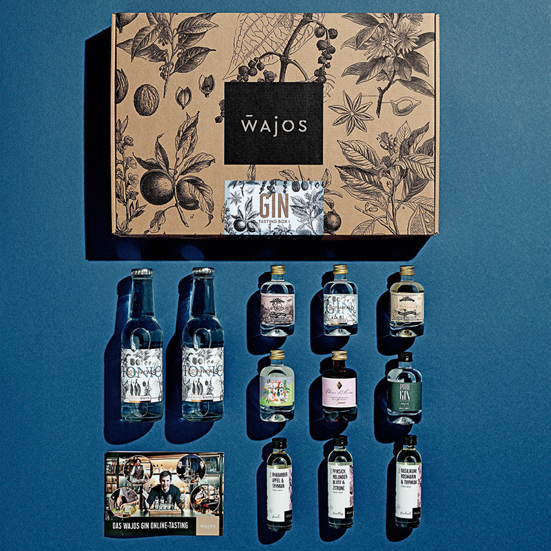 Produkte Gin Tasting Set liegend dargestellt mit Kartonage