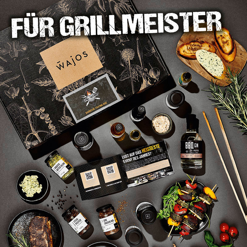 BBQ Tasting Set - Grillprodukte liegend mit schöner Geschenkkartonage