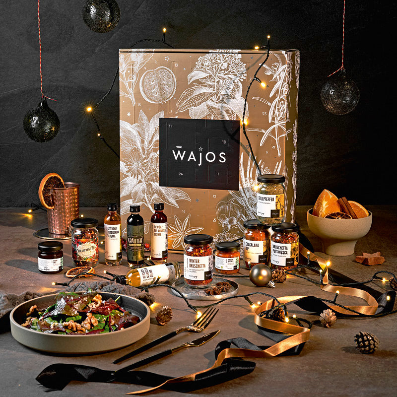 Wajos Gourmet & Gewürz Adventskalender in goldenem Karton